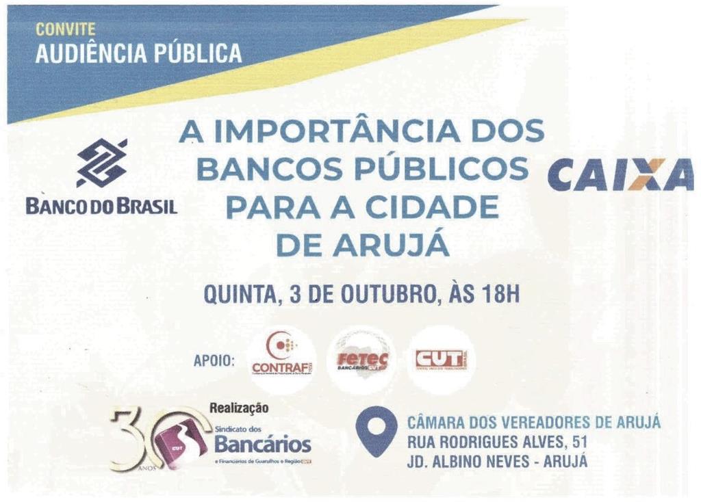 Câmara sediará debate sobre importância dos bancos públicos para Arujá